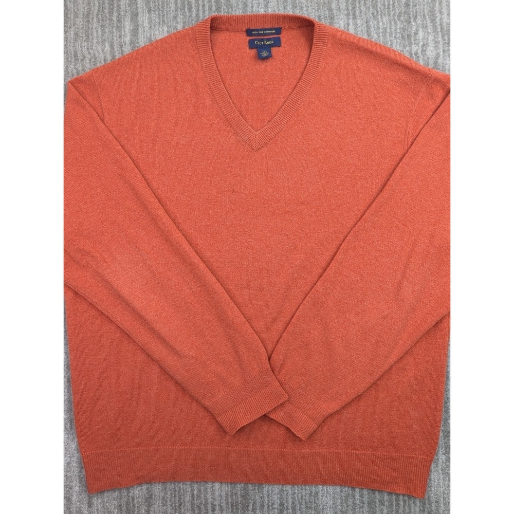 Club Room Sweater Mens Large Orange Solid 100% Cashmere V Neck Knit Pullover